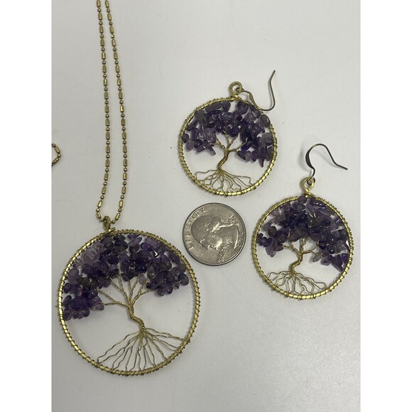 Tree Of Life Gold Tone Amethyst Pendant  Necklace & Matching Earrings New - Picture 6 of 9